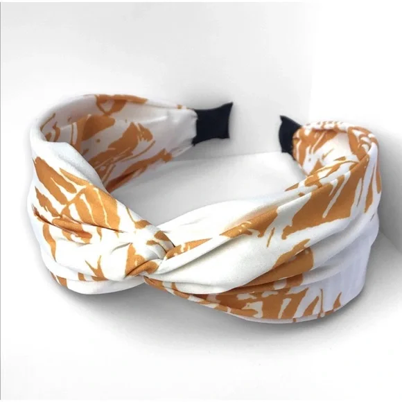 Mustard Yellow White Tropical Print Women's Top Knot Headband - Picture 5 of 5